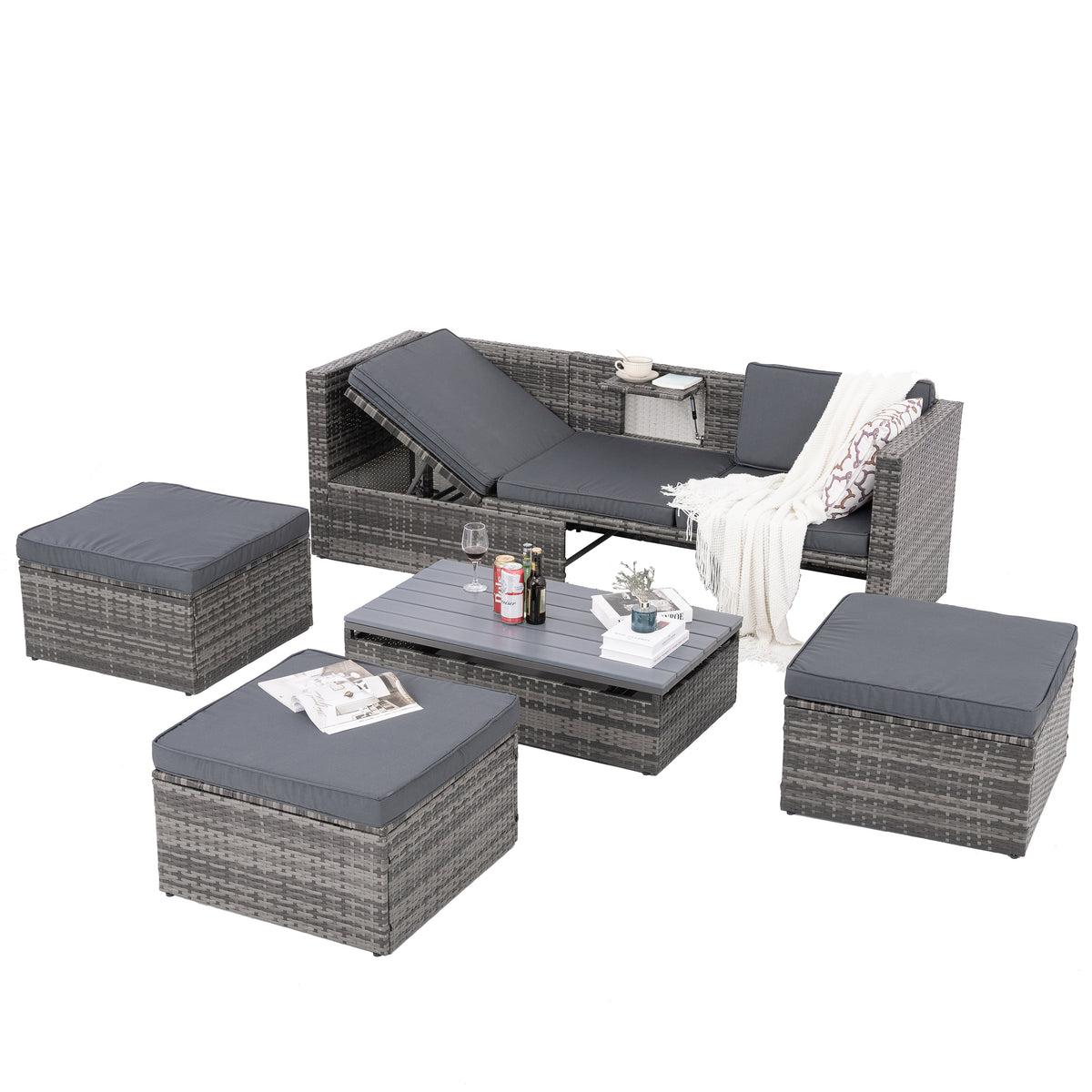5-Piece Dark Gray Wicker Patio Set with Lift-Top Table