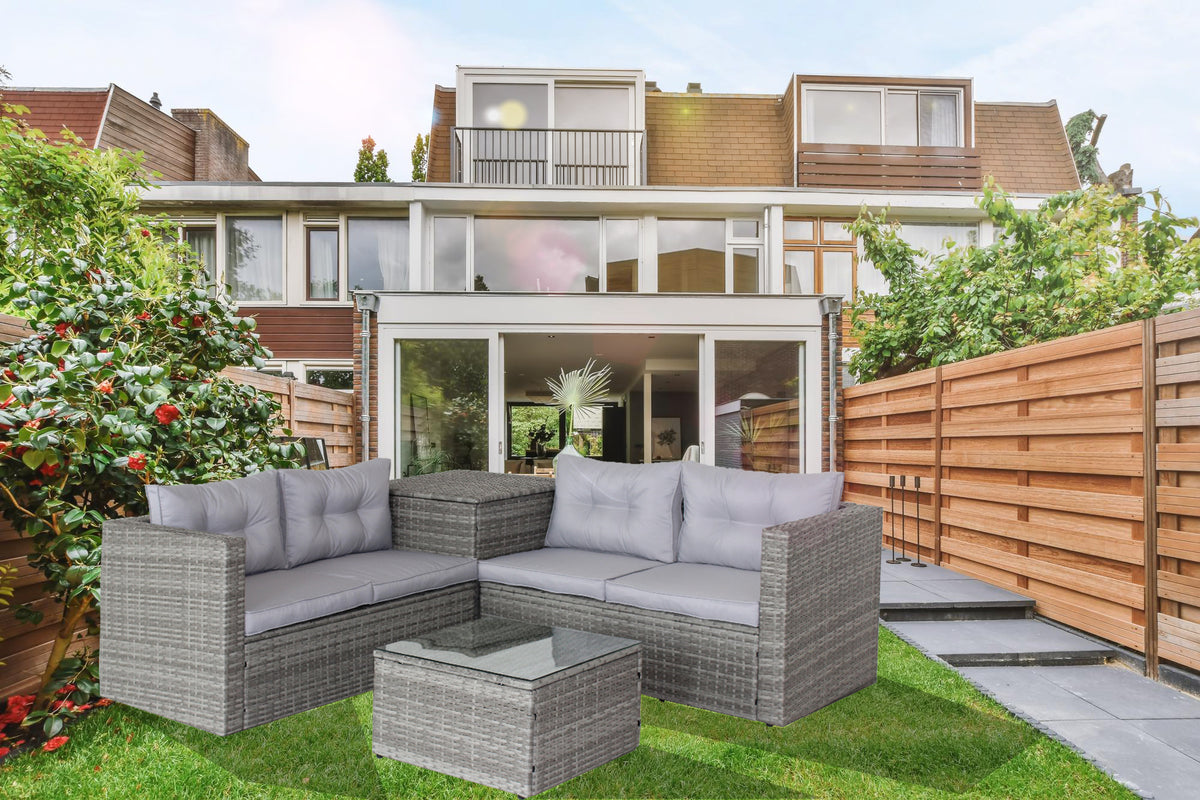 4-Piece Grey Patio Sectional Sofa Set with Storage Box