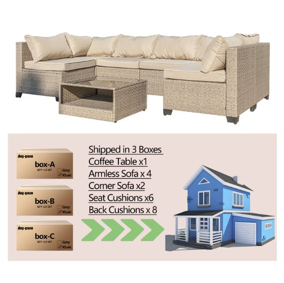 7-Piece Outdoor Patio Furniture Set | PE Rattan Modular Sofa with Thick Cushions & Storage Table