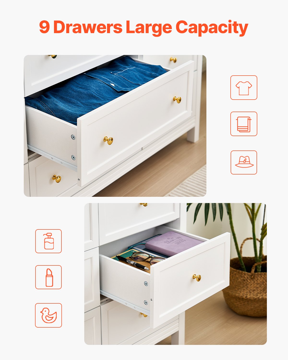 Elegant 9 Drawer Dresser - Retro Wooden Chest For Walk-In Closet - White