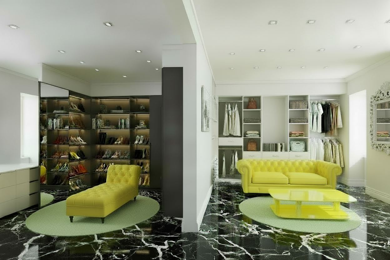 Modern living room with yellow furniture on a black marble floor.