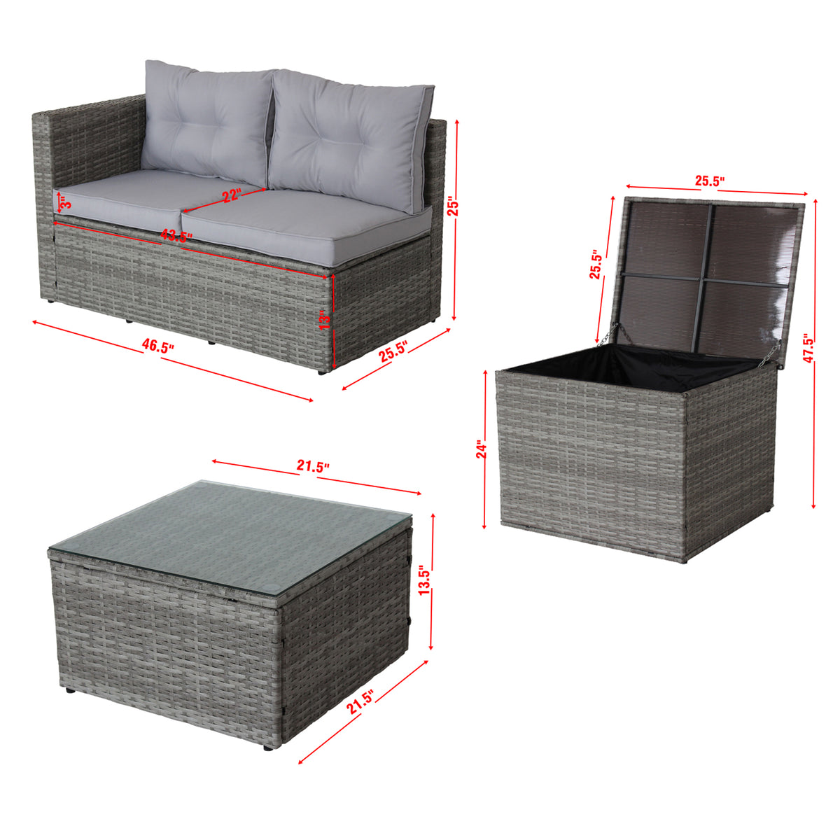 4-Piece Grey Patio Sectional Sofa Set with Storage Box