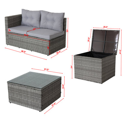 4-Piece Grey Patio Sectional Sofa Set with Storage Box
