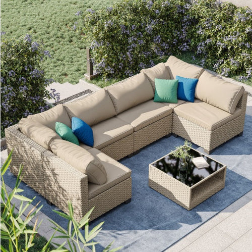 7-Piece Outdoor Patio Furniture Set | PE Rattan Modular Sofa with Thick Cushions & Storage Table