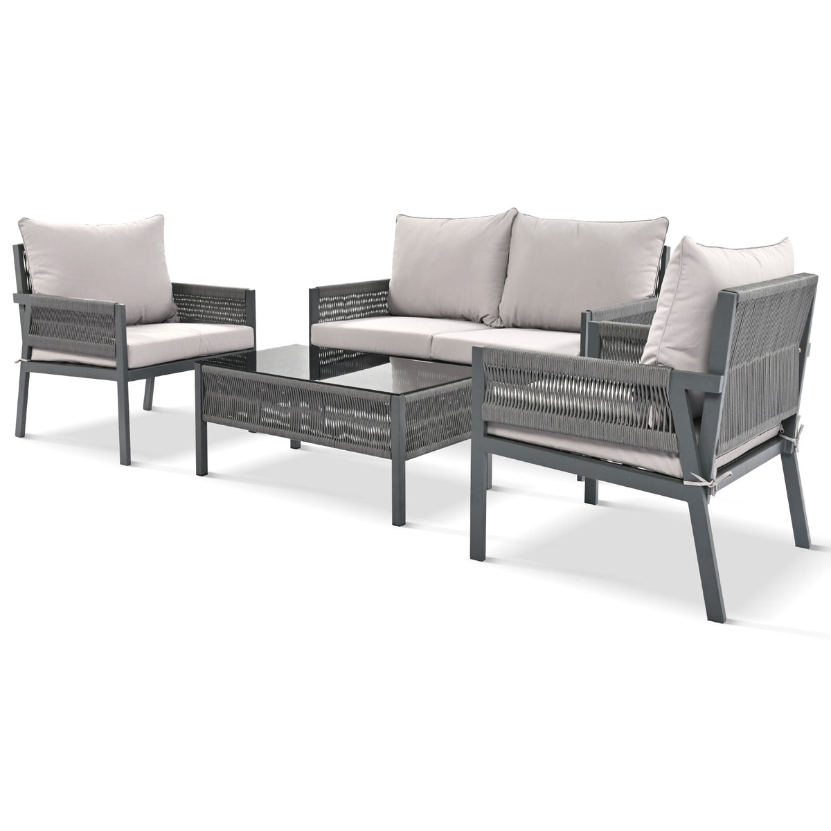 Grey Rope Patio Furniture Set with Glass Table