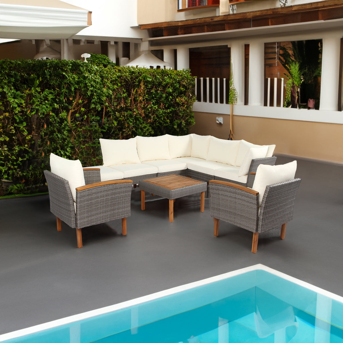 9-Piece Beige Rattan Patio Sectional Set