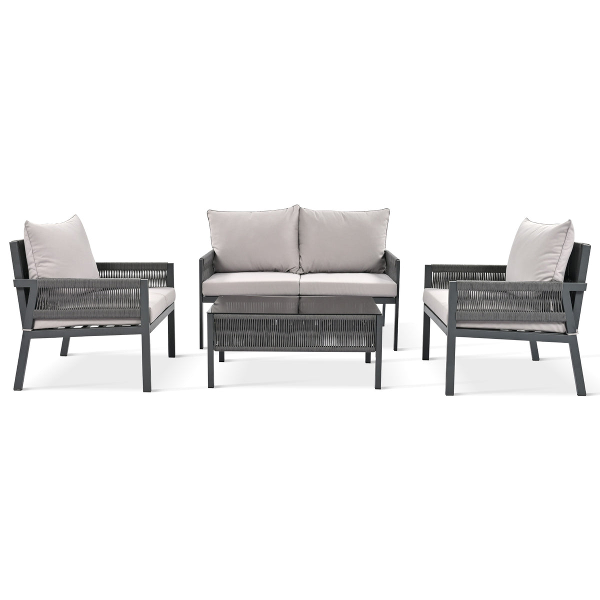 Grey Rope Patio Furniture Set with Glass Table