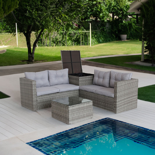 4-Piece Grey Patio Sectional Sofa Set with Storage Box