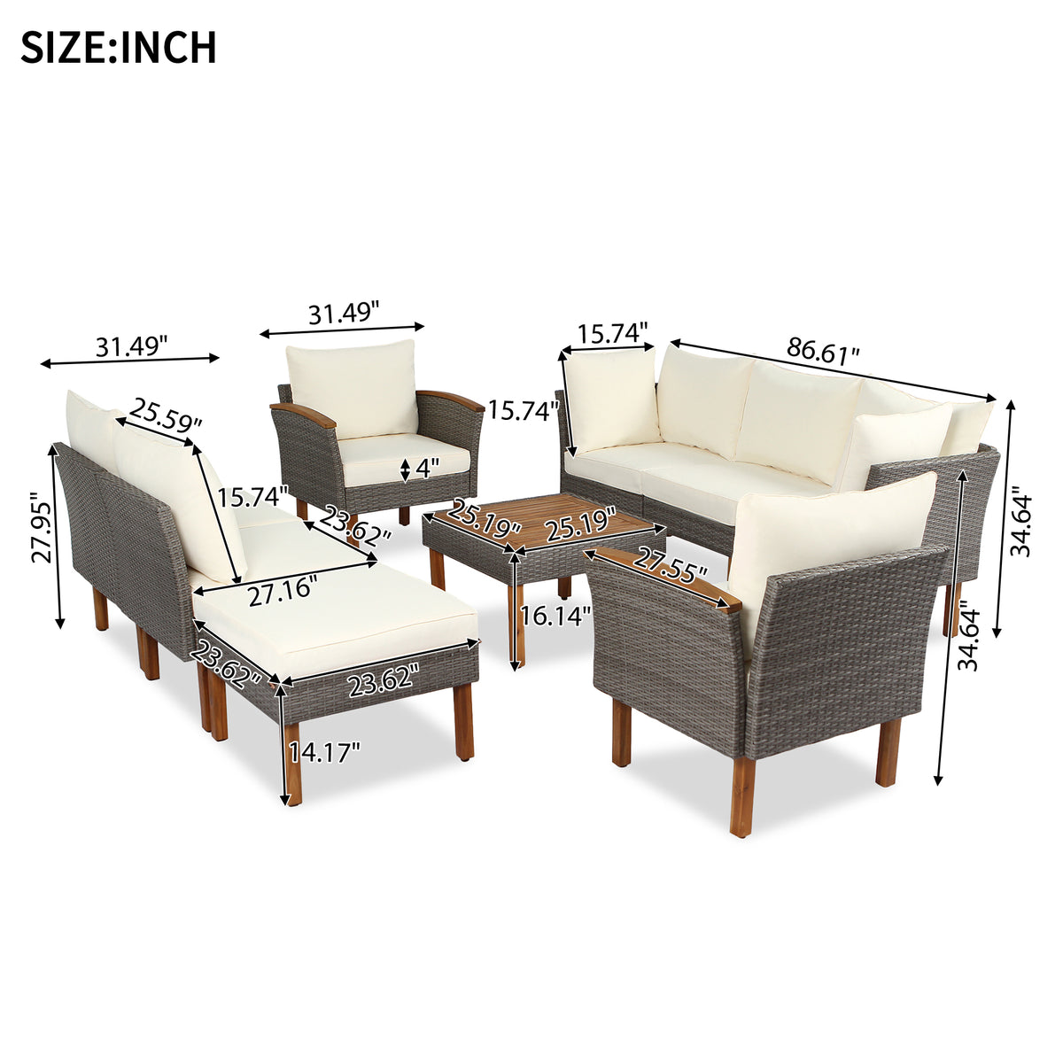 9-Piece Beige Rattan Patio Sectional Set