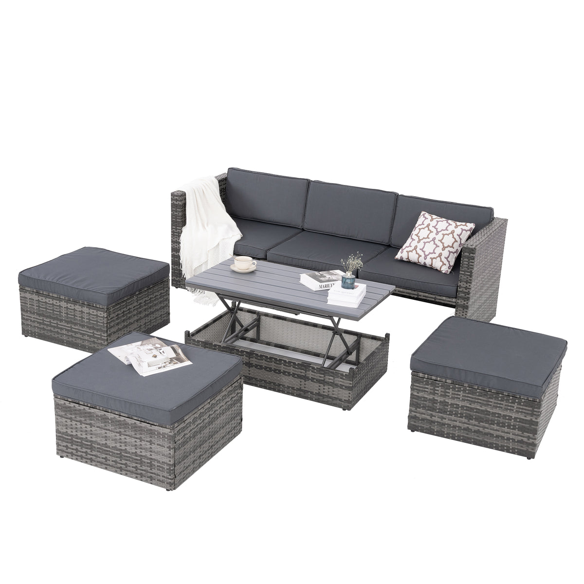 5-Piece Dark Gray Wicker Patio Set with Lift-Top Table