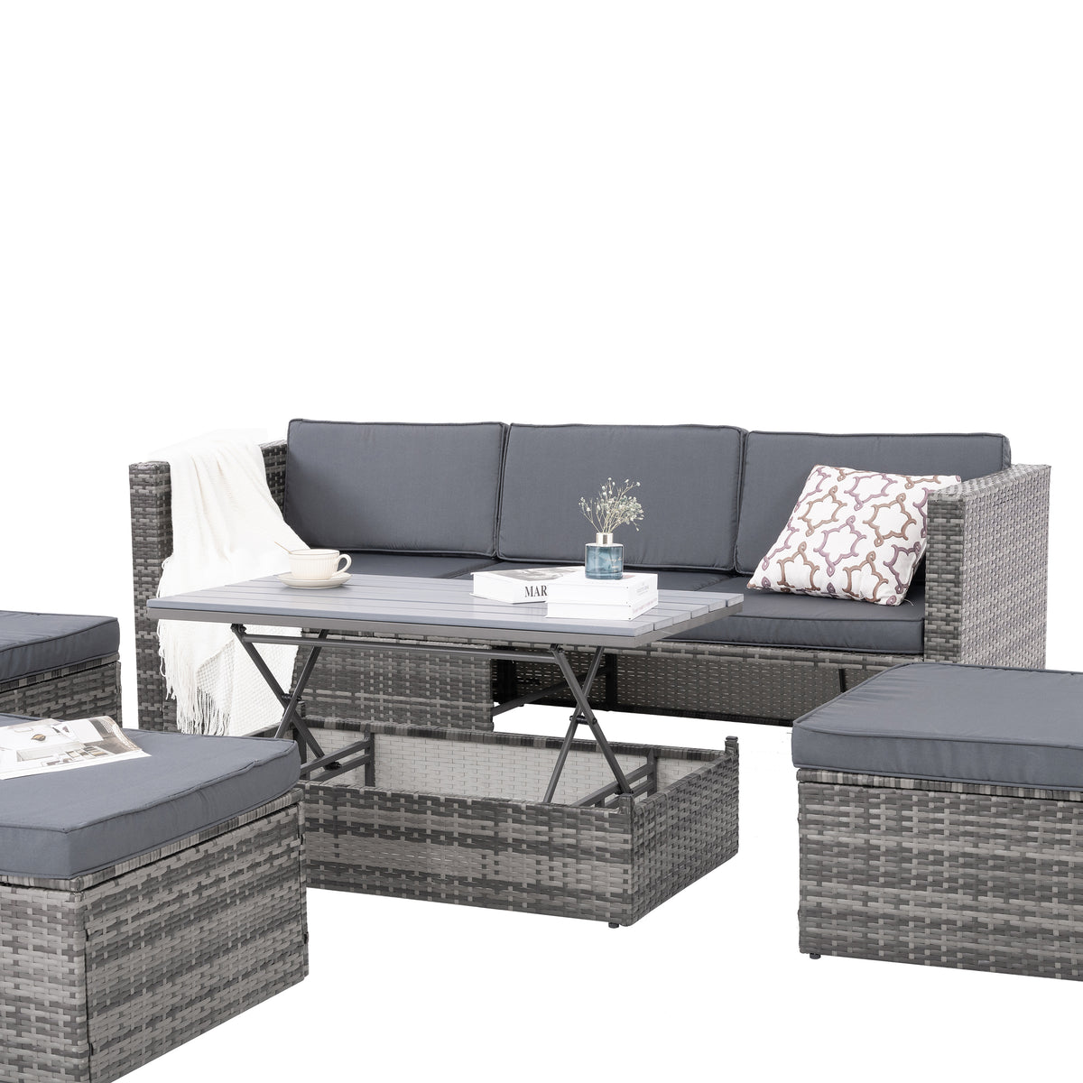 5-Piece Dark Gray Wicker Patio Set with Lift-Top Table