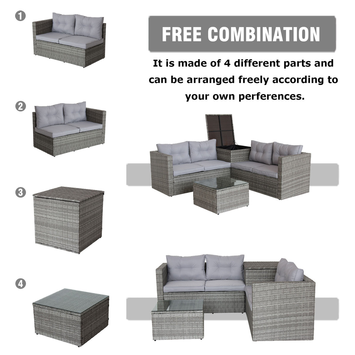 4-Piece Grey Patio Sectional Sofa Set with Storage Box
