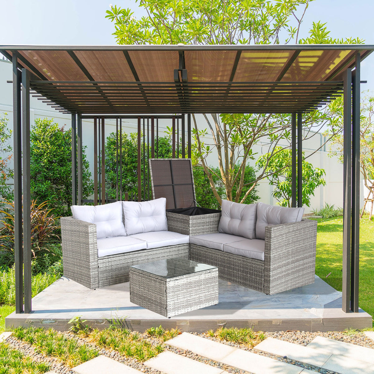 4-Piece Grey Patio Sectional Sofa Set with Storage Box