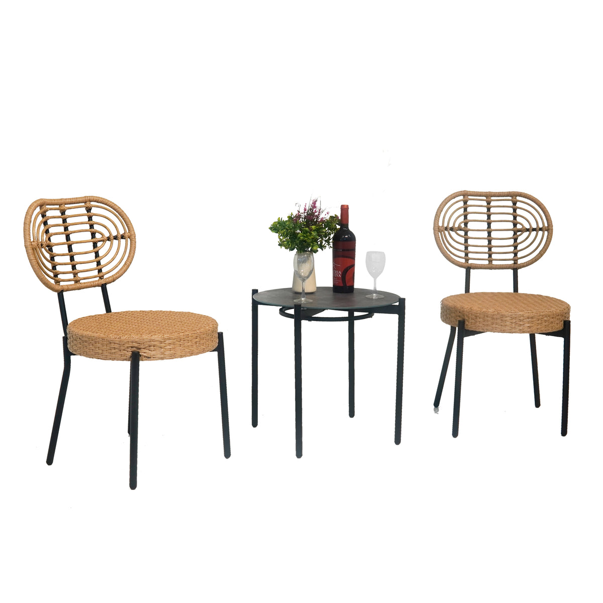 3-Piece Black & Natural Wicker Bistro Set