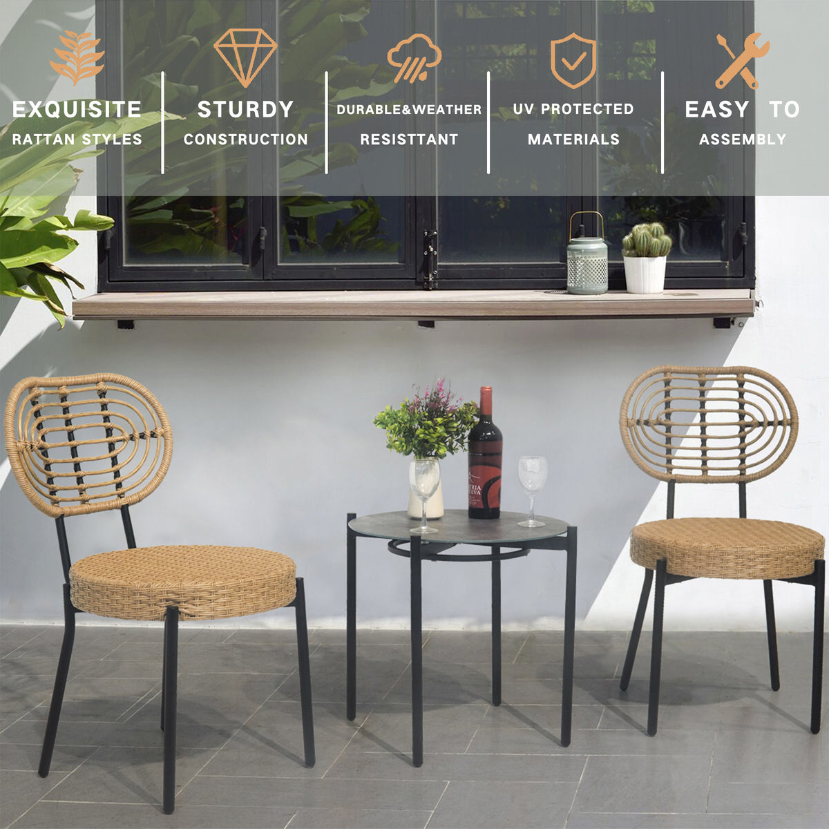 3-Piece Black & Natural Wicker Bistro Set