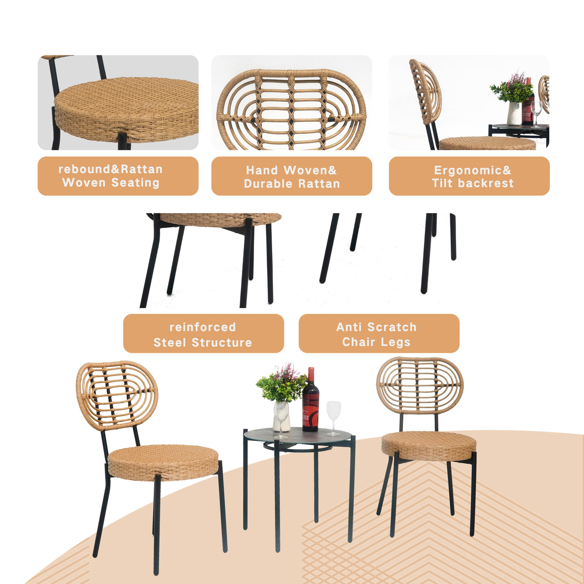3-Piece Black & Natural Wicker Bistro Set