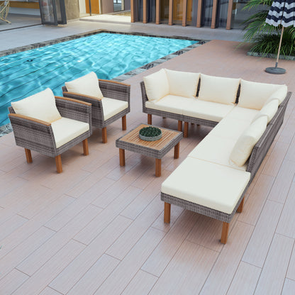 9-Piece Beige Rattan Patio Sectional Set