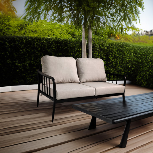 Black Aluminum Patio Loveseat Set with Marble-Look Table