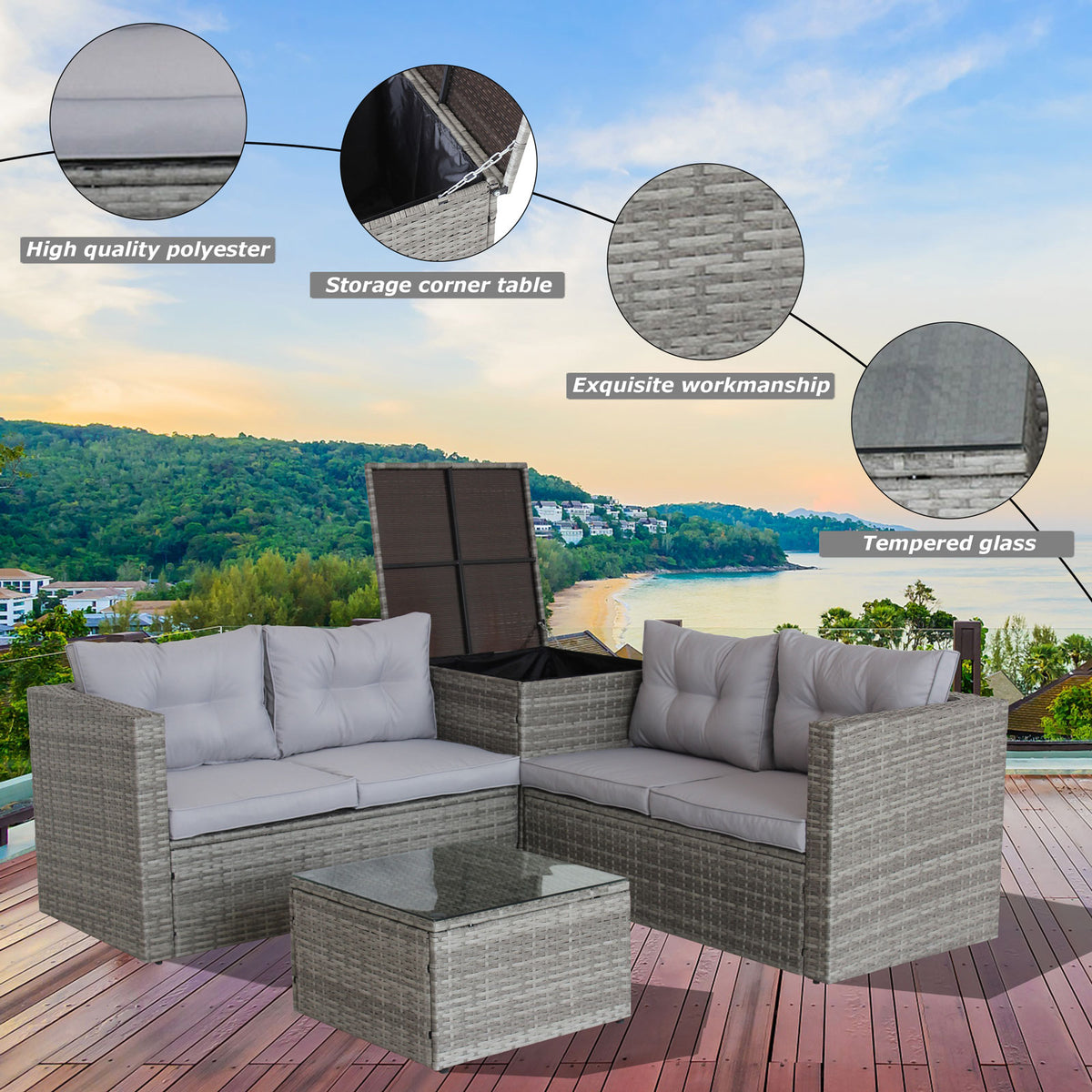 4-Piece Grey Patio Sectional Sofa Set with Storage Box