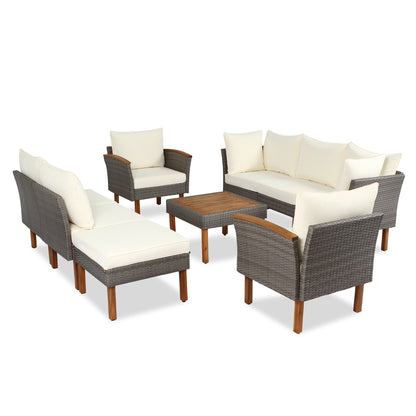 9-Piece Beige Rattan Patio Sectional Set