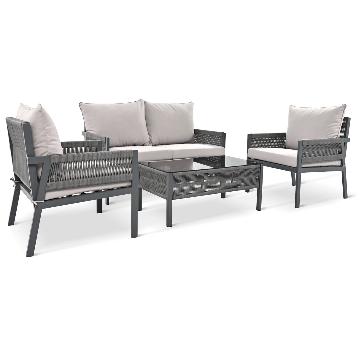 Grey Rope Patio Furniture Set with Glass Table
