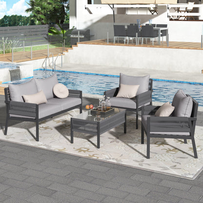 Grey Rope Patio Furniture Set with Glass Table