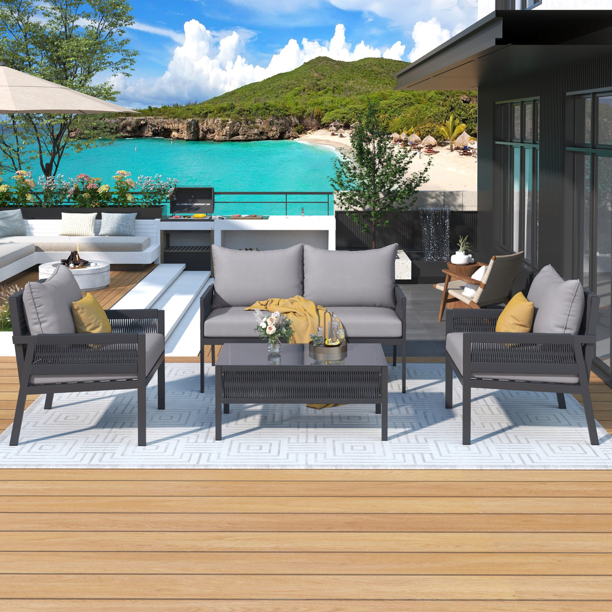 Grey Rope Patio Furniture Set with Glass Table
