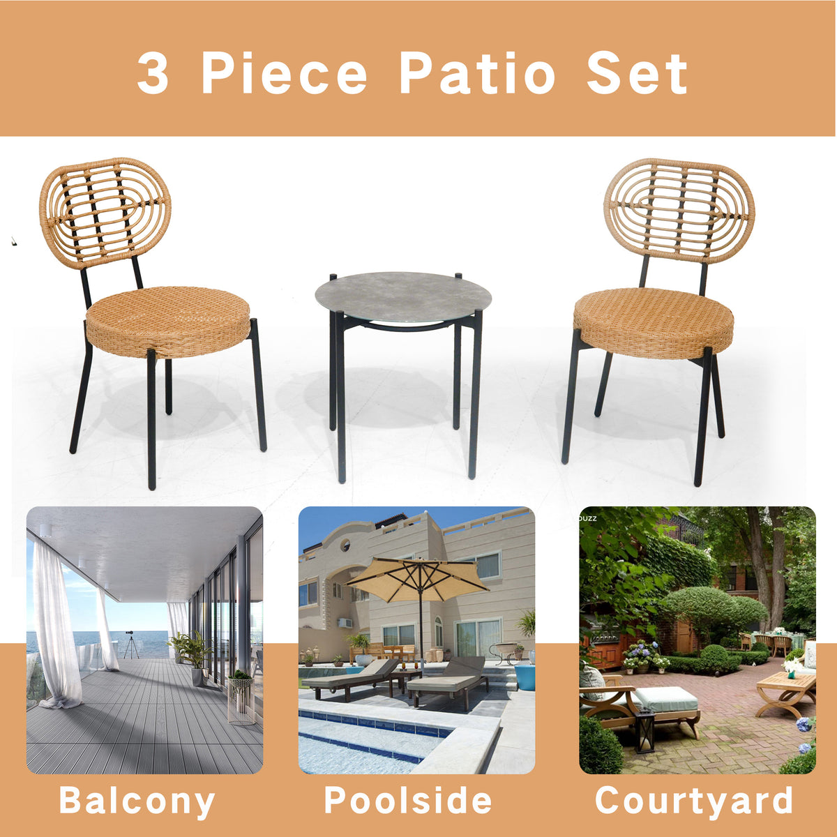 3-Piece Black & Natural Wicker Bistro Set