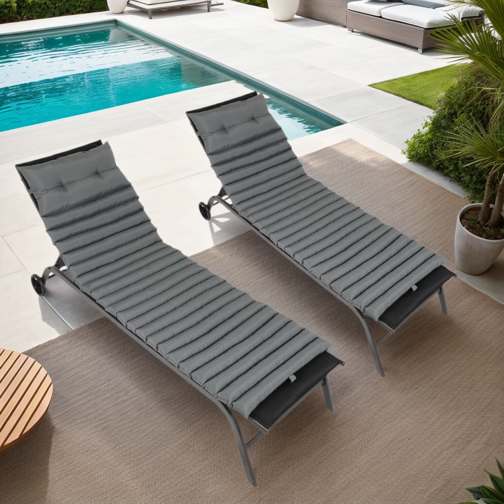 2-Piece Grey Outdoor Chaise Lounge Cushion Set