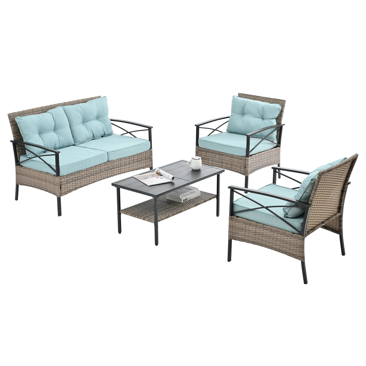 4-Piece Black & Brown Wicker Patio Set with Cushions