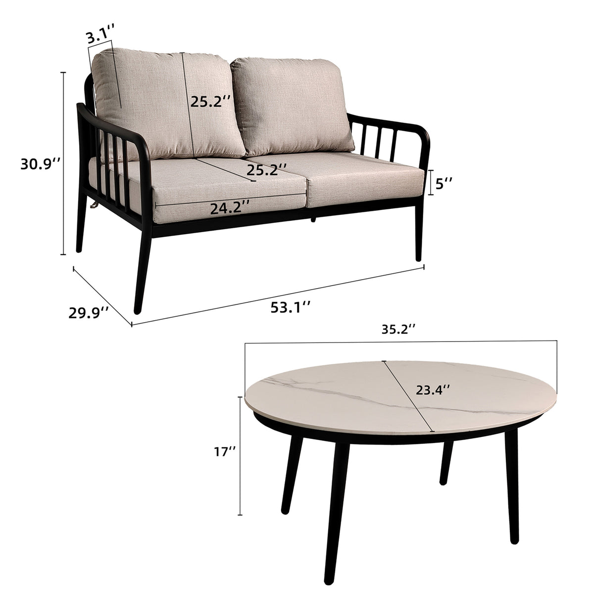 Black Aluminum Patio Loveseat Set with Marble-Look Table