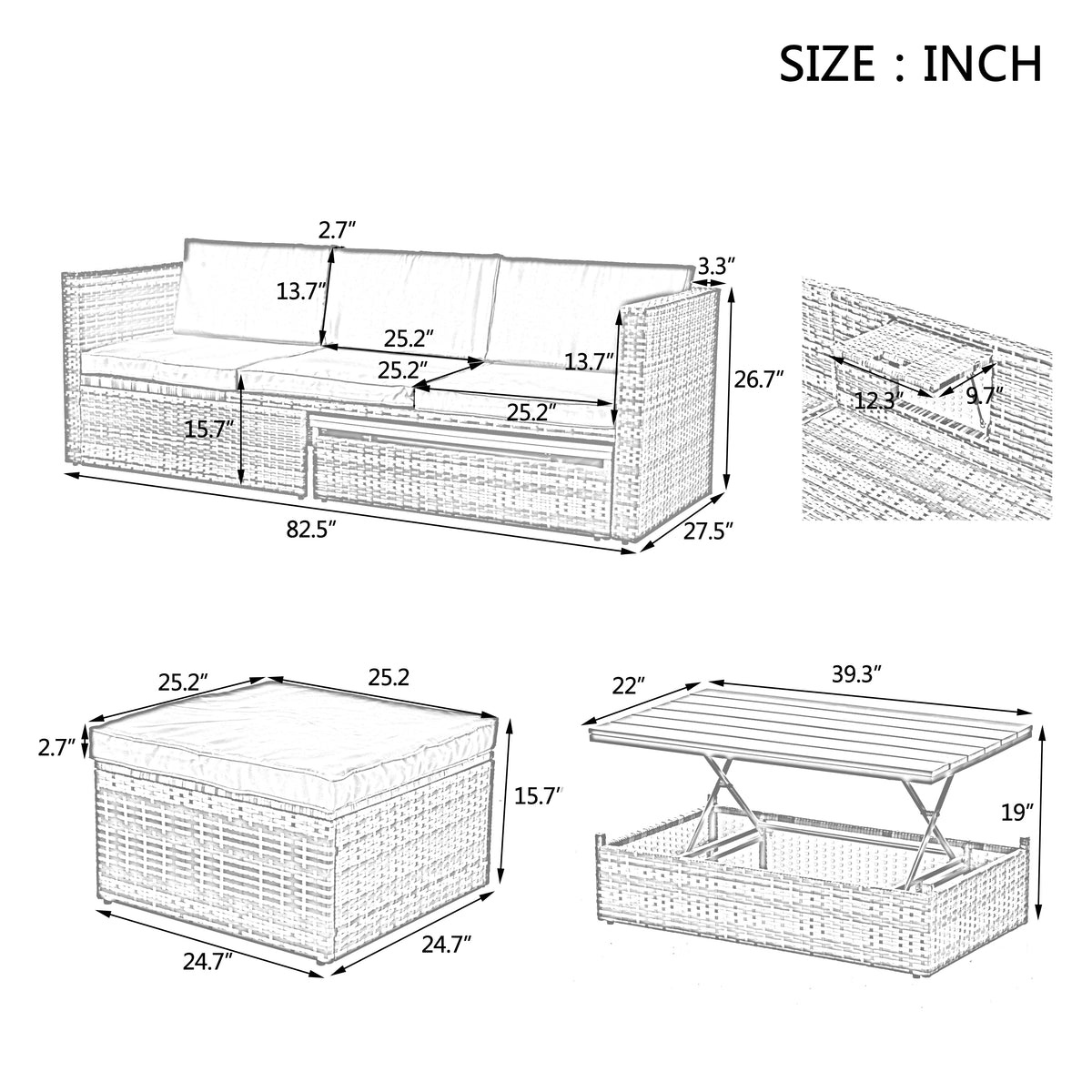 5-Piece Dark Gray Wicker Patio Set with Lift-Top Table