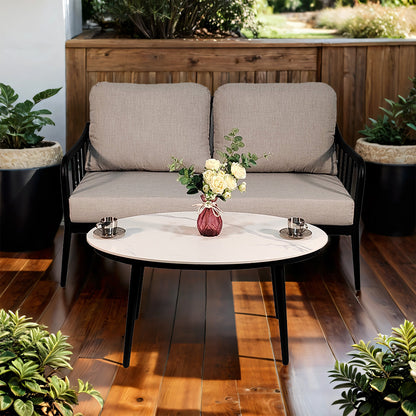 Black Aluminum Patio Loveseat Set with Marble-Look Table