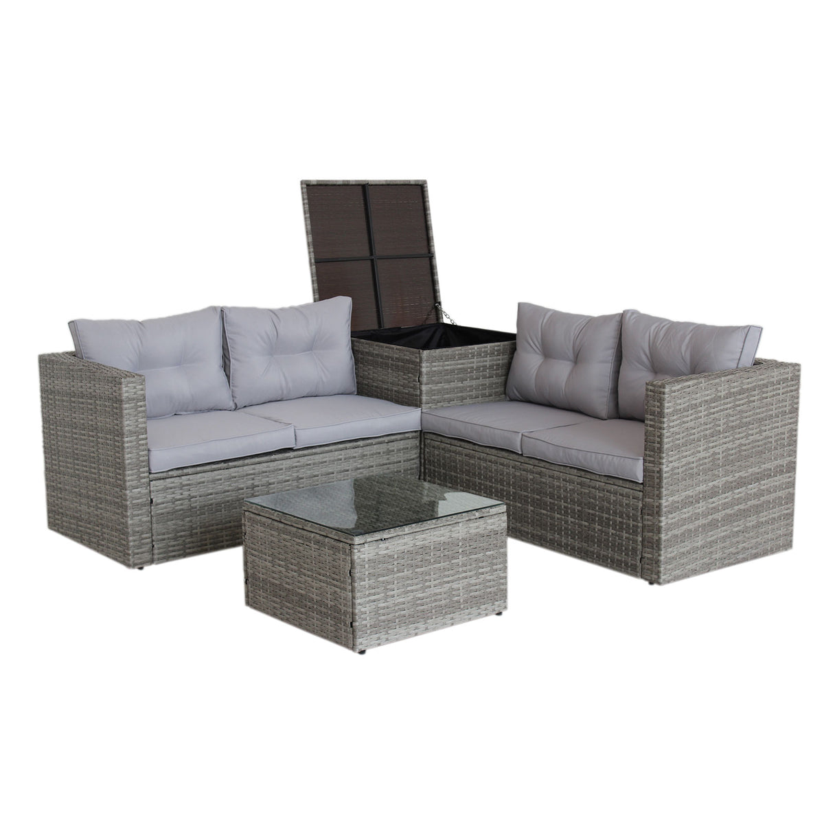 4-Piece Grey Patio Sectional Sofa Set with Storage Box