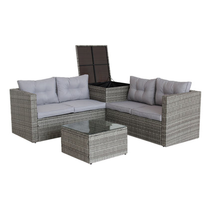 4-Piece Grey Patio Sectional Sofa Set with Storage Box