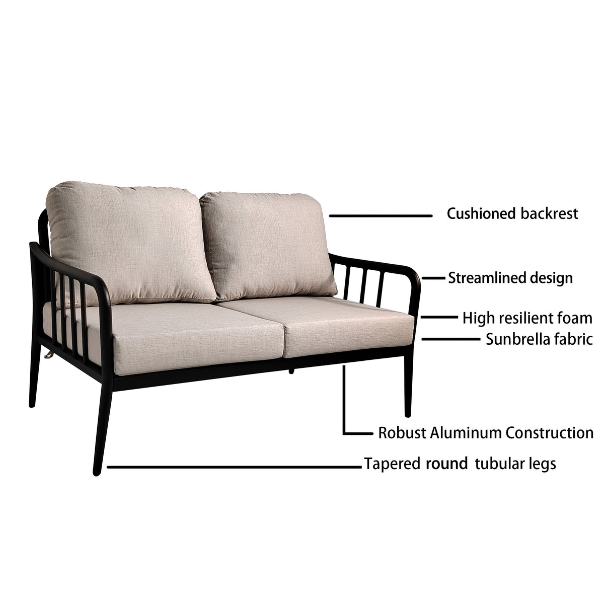 Black Aluminum Patio Loveseat Set with Marble-Look Table