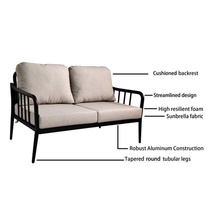 Black Aluminum Patio Loveseat Set with Marble-Look Table
