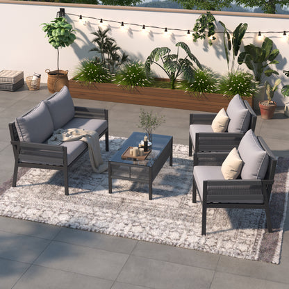 Grey Rope Patio Furniture Set with Glass Table