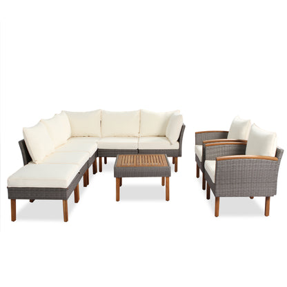 9-Piece Beige Rattan Patio Sectional Set