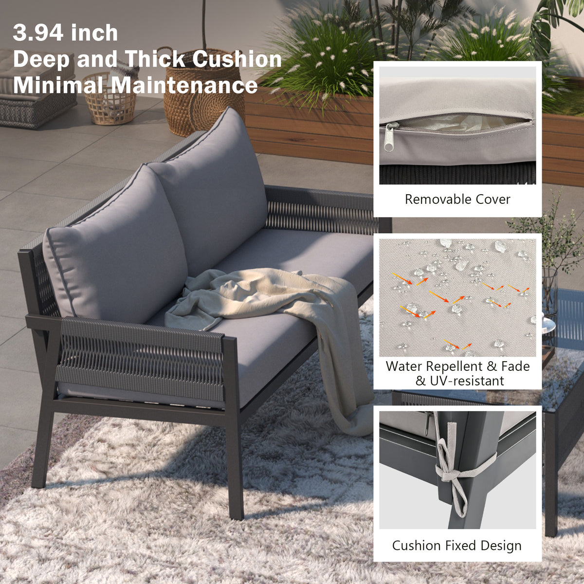 Grey Rope Patio Furniture Set with Glass Table