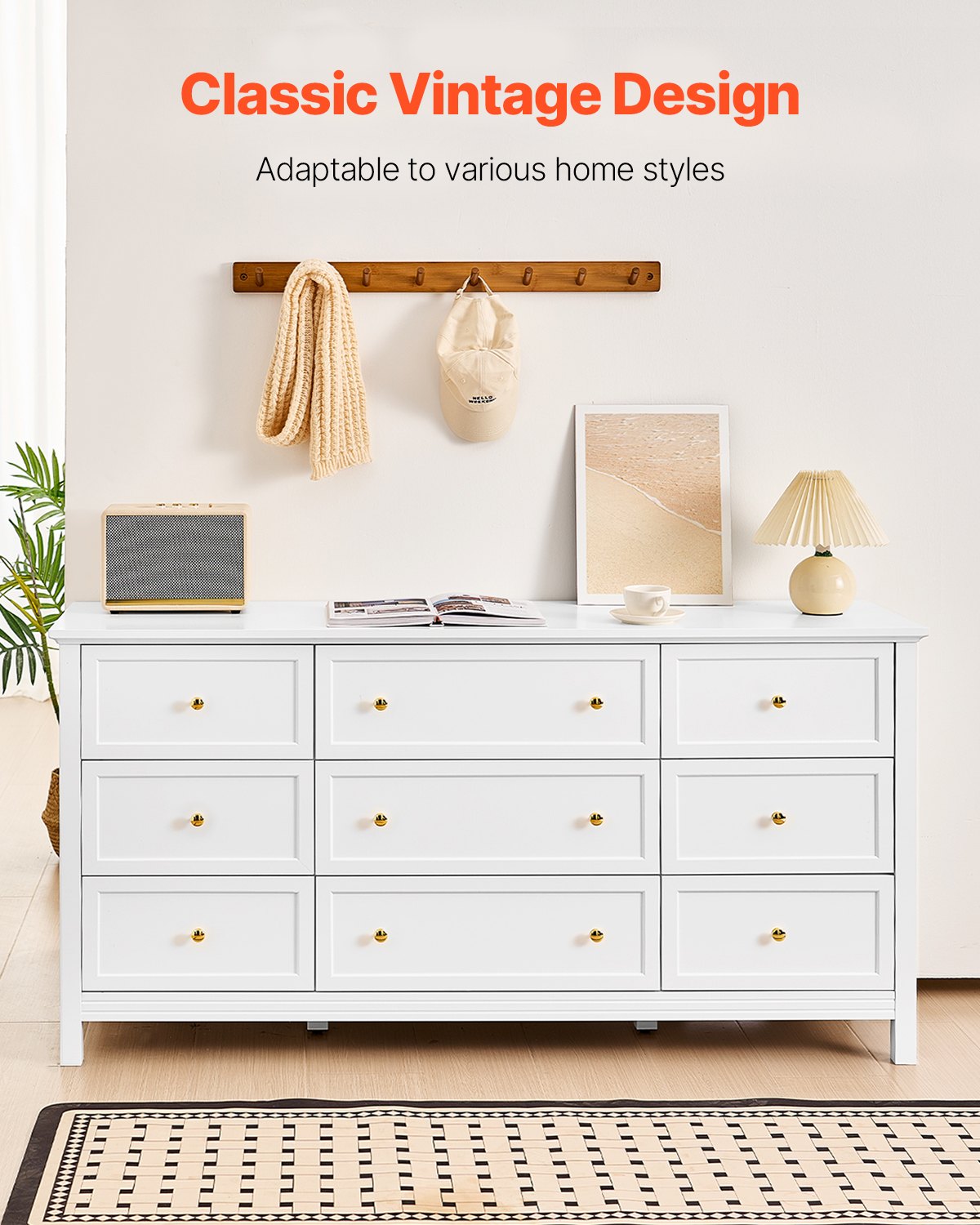 Elegant 9 Drawer Dresser - Retro Wooden Chest For Walk-In Closet - White