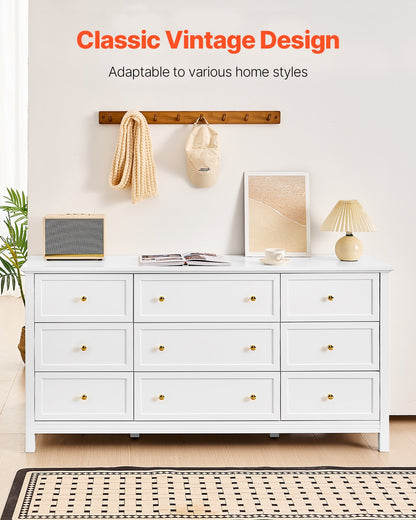 Elegant 9 Drawer Dresser - Retro Wooden Chest For Walk-In Closet - White