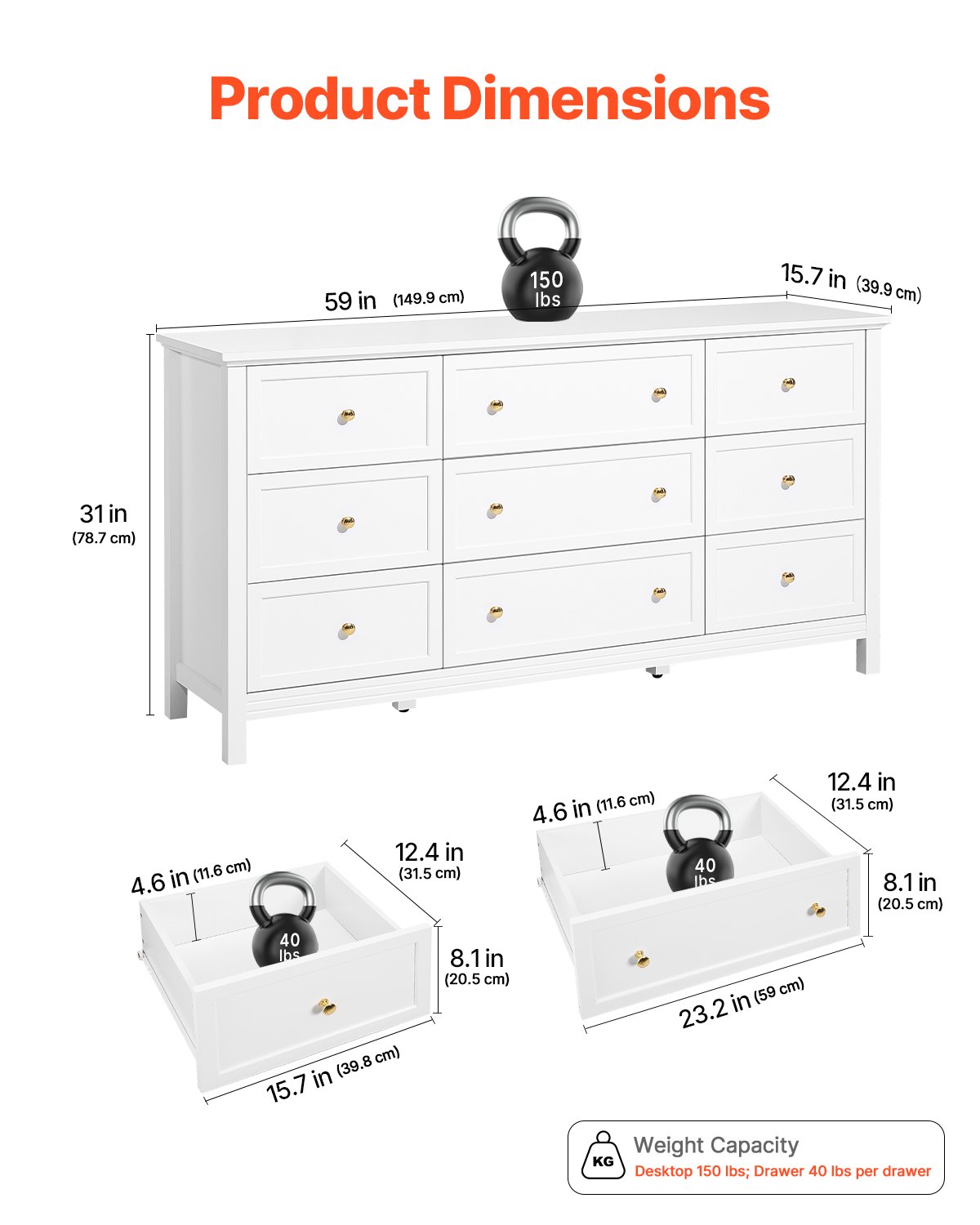 Elegant 9 Drawer Dresser - Retro Wooden Chest For Walk-In Closet - White