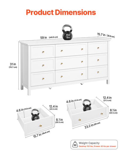 Elegant 9 Drawer Dresser - Retro Wooden Chest For Walk-In Closet - White