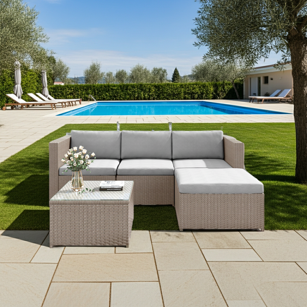 Garden Corner Sofa - Rattan Furniture Patio Set - Khaki