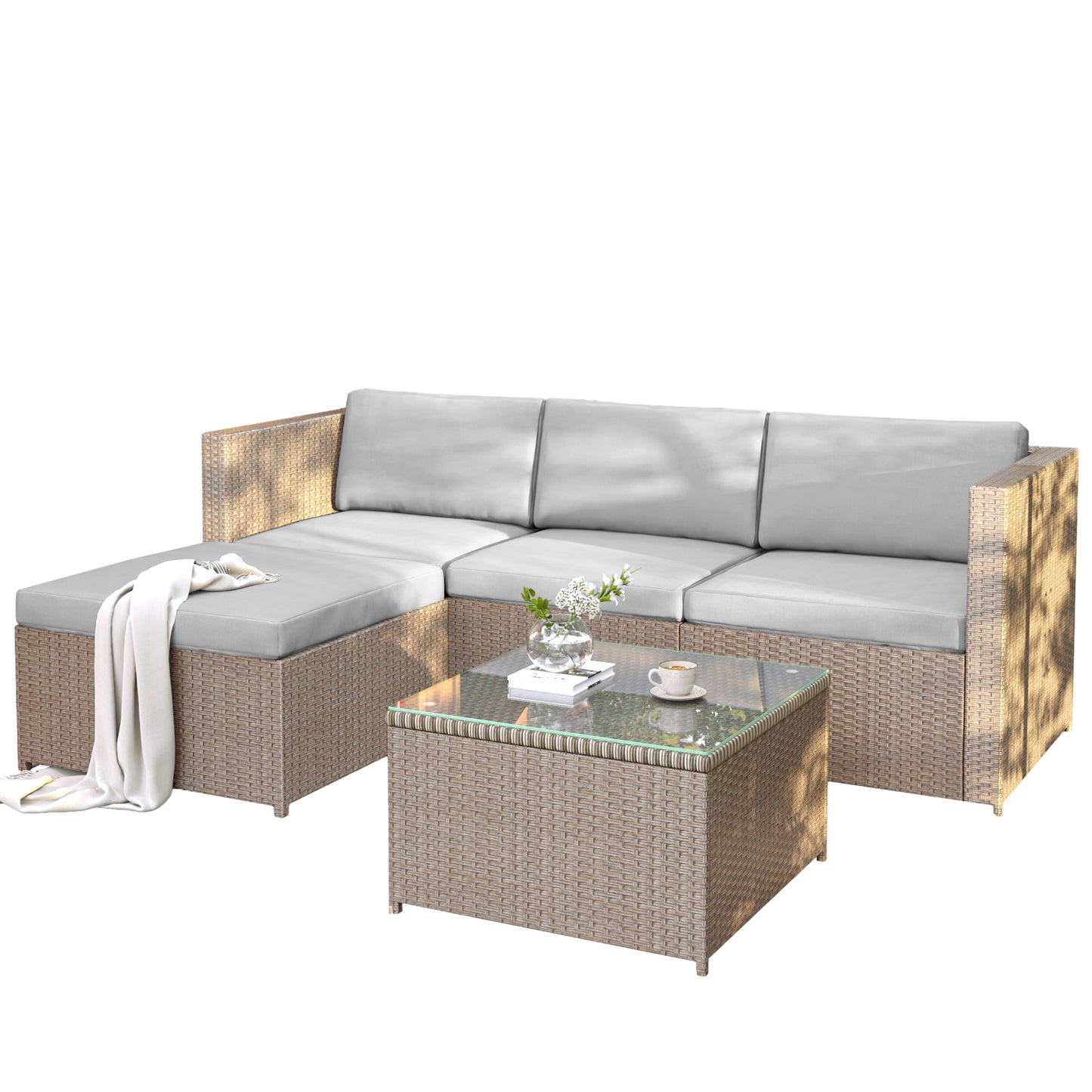 Garden Corner Sofa - Rattan Furniture Patio Set - Khaki