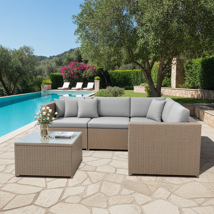 Garden Corner Sofa - Rattan Furniture Patio Set - Khaki