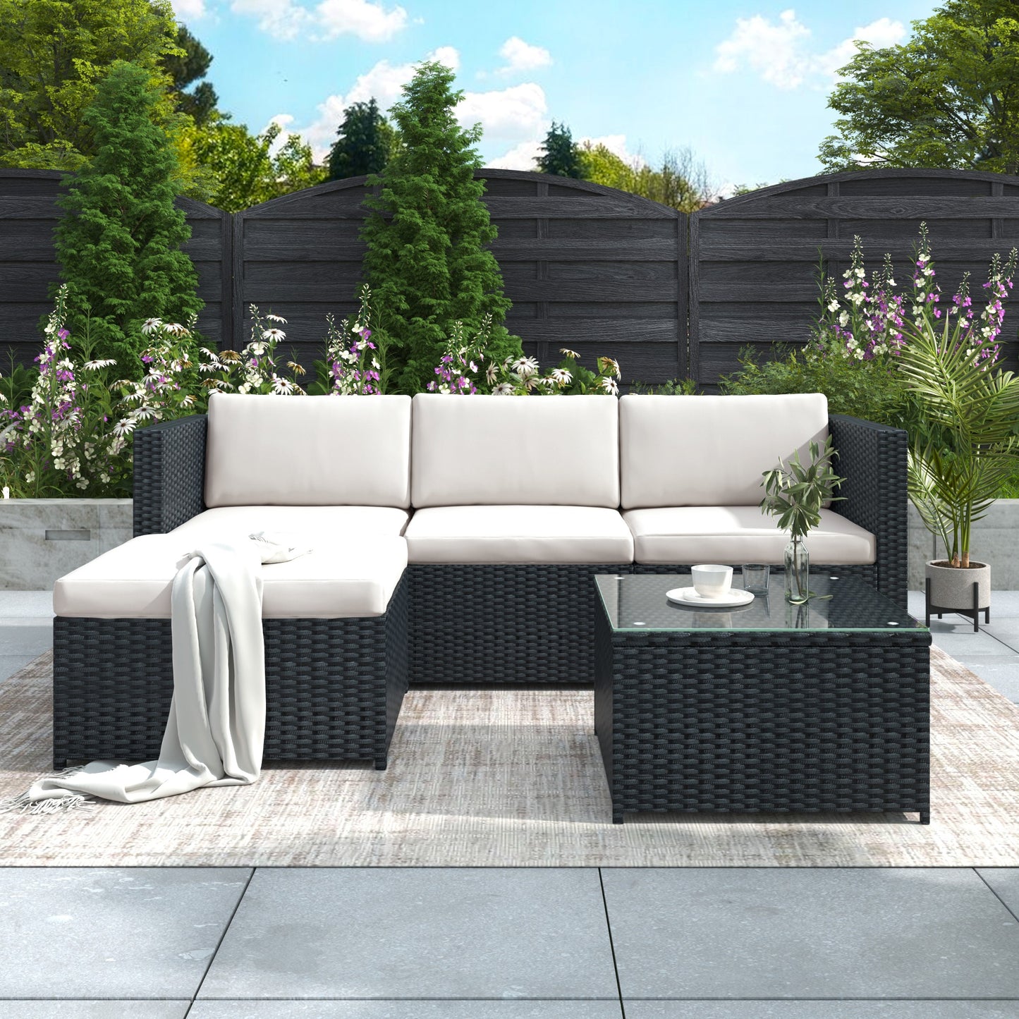 Garden Corner Sofa - Rattan Patio Corner Sofa Set - Black