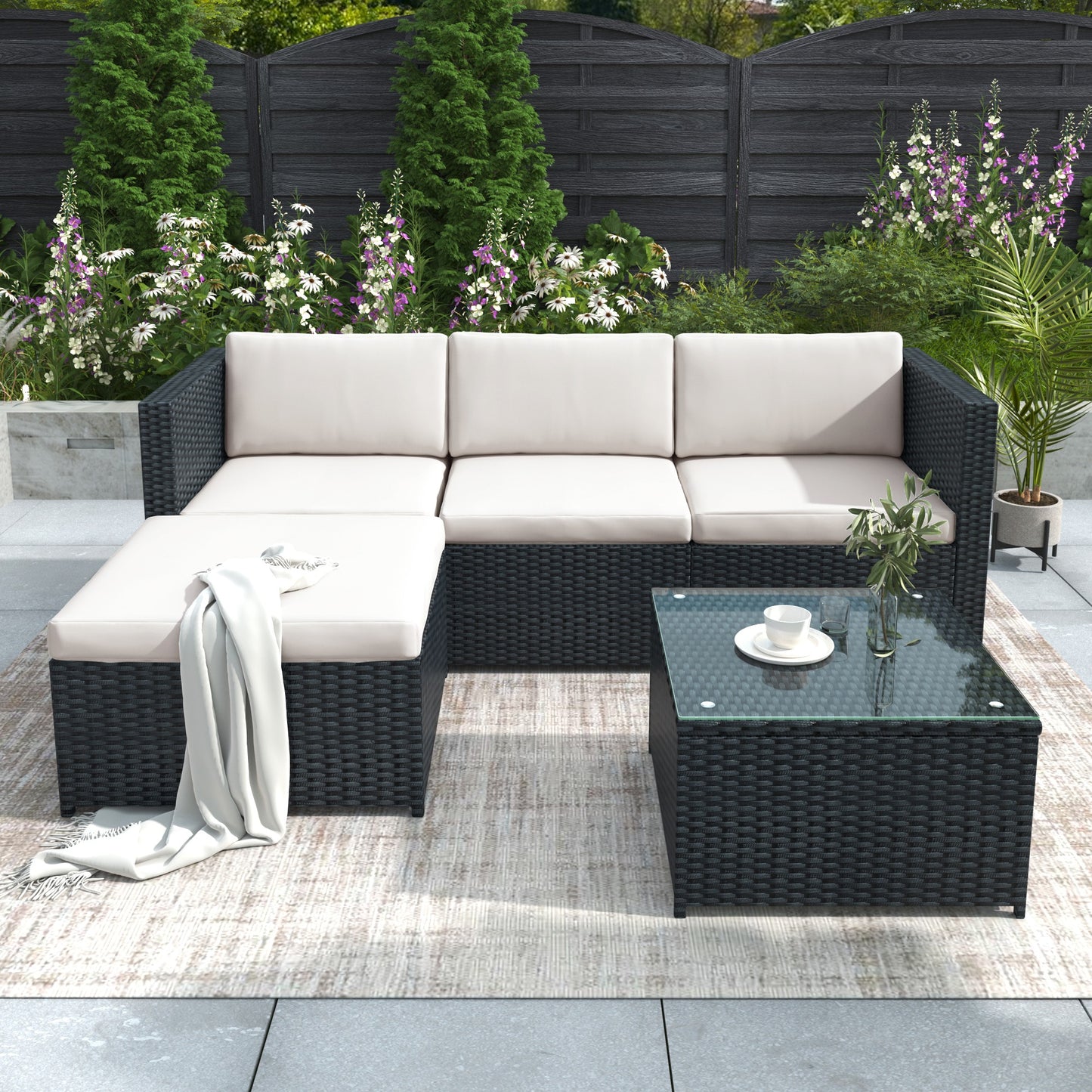 Garden Corner Sofa - Rattan Patio Corner Sofa Set - Black
