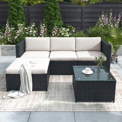 Garden Corner Sofa - Rattan Patio Corner Sofa Set - Black